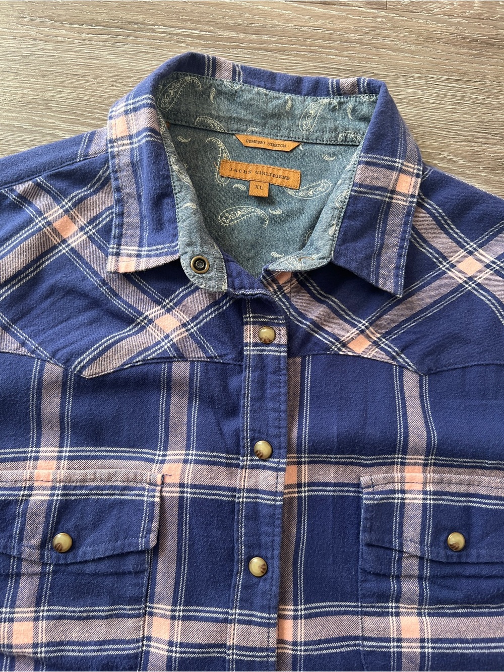 Jachs Girlfriend XL Blue Pink Plaid Western Snap Shirt Cotton Stretch Flannel - Picture 6 of 15